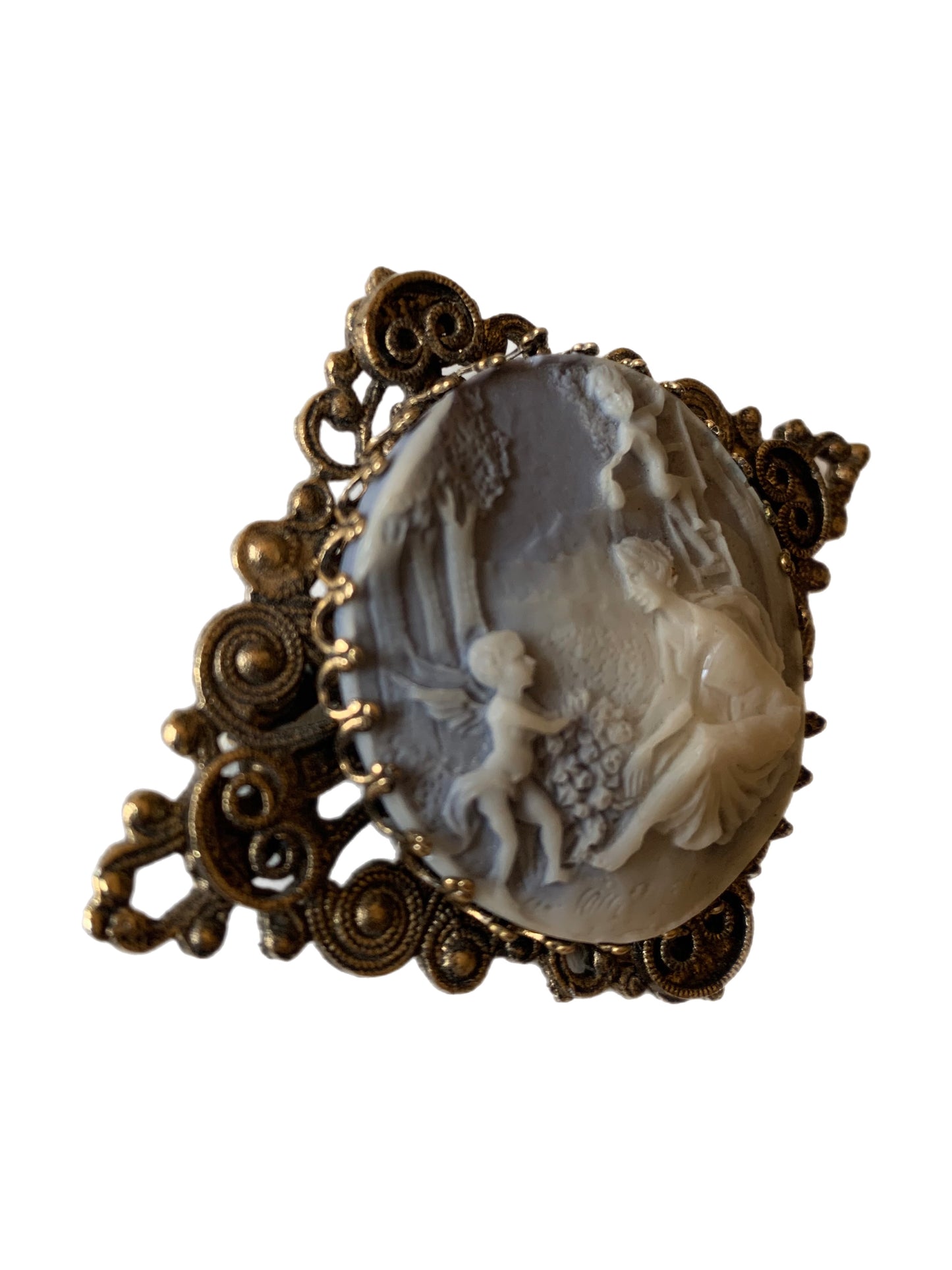 Lady and Cherubs Carved Resin Brooch circa 1960s