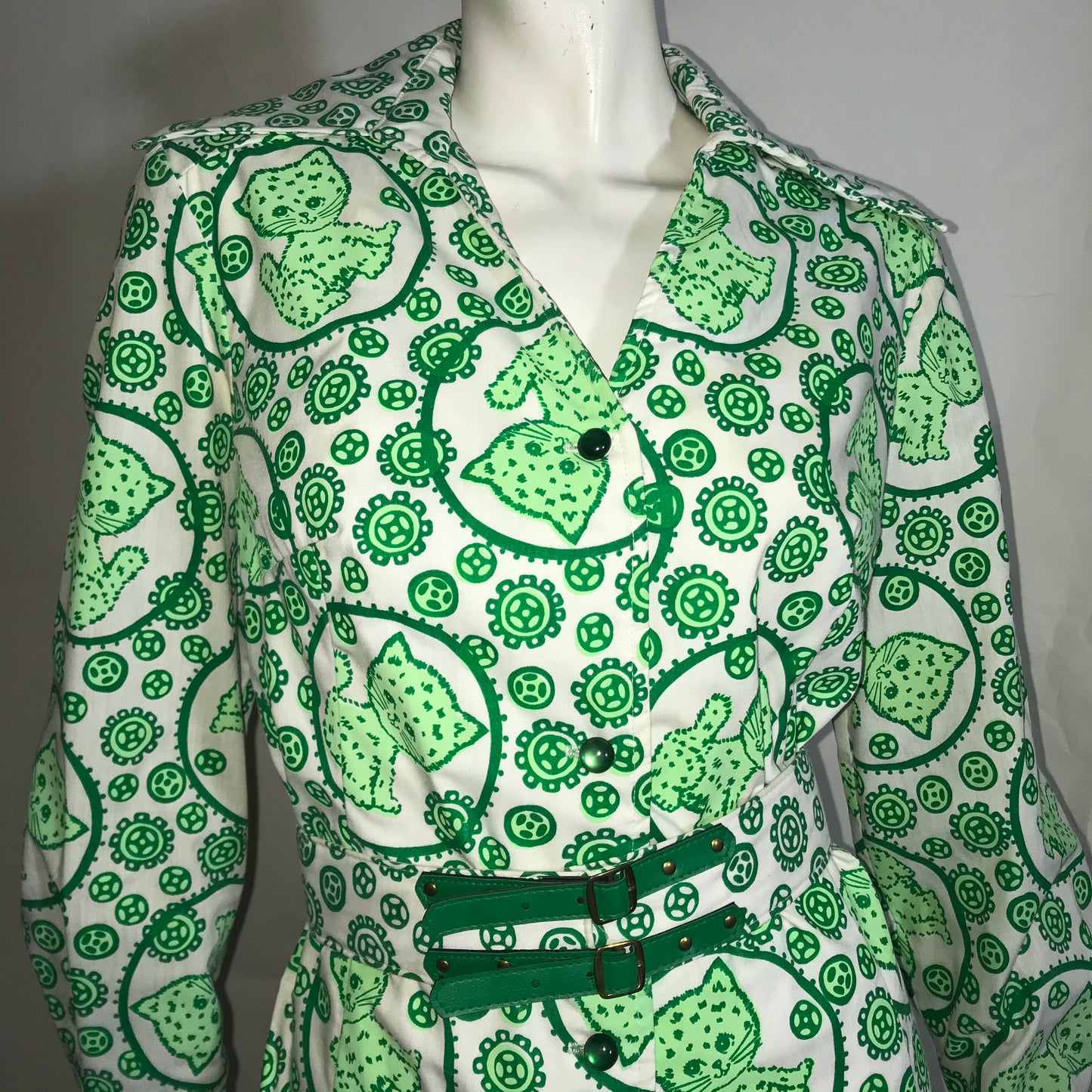 Lime Green Kitty Cat Novelty Print Shirt Dress with Belt circa 1960s