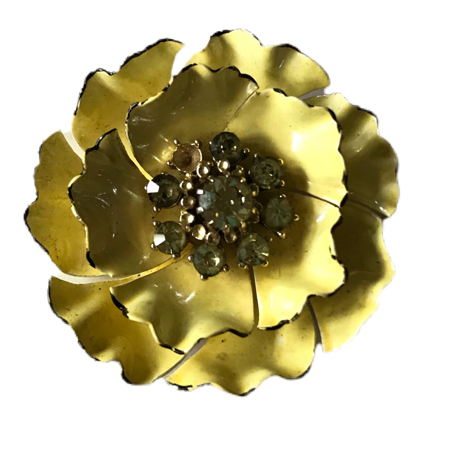 Rhinestone Centered Pale Yellow Enameled Metal Flower Brooch circa 1960s