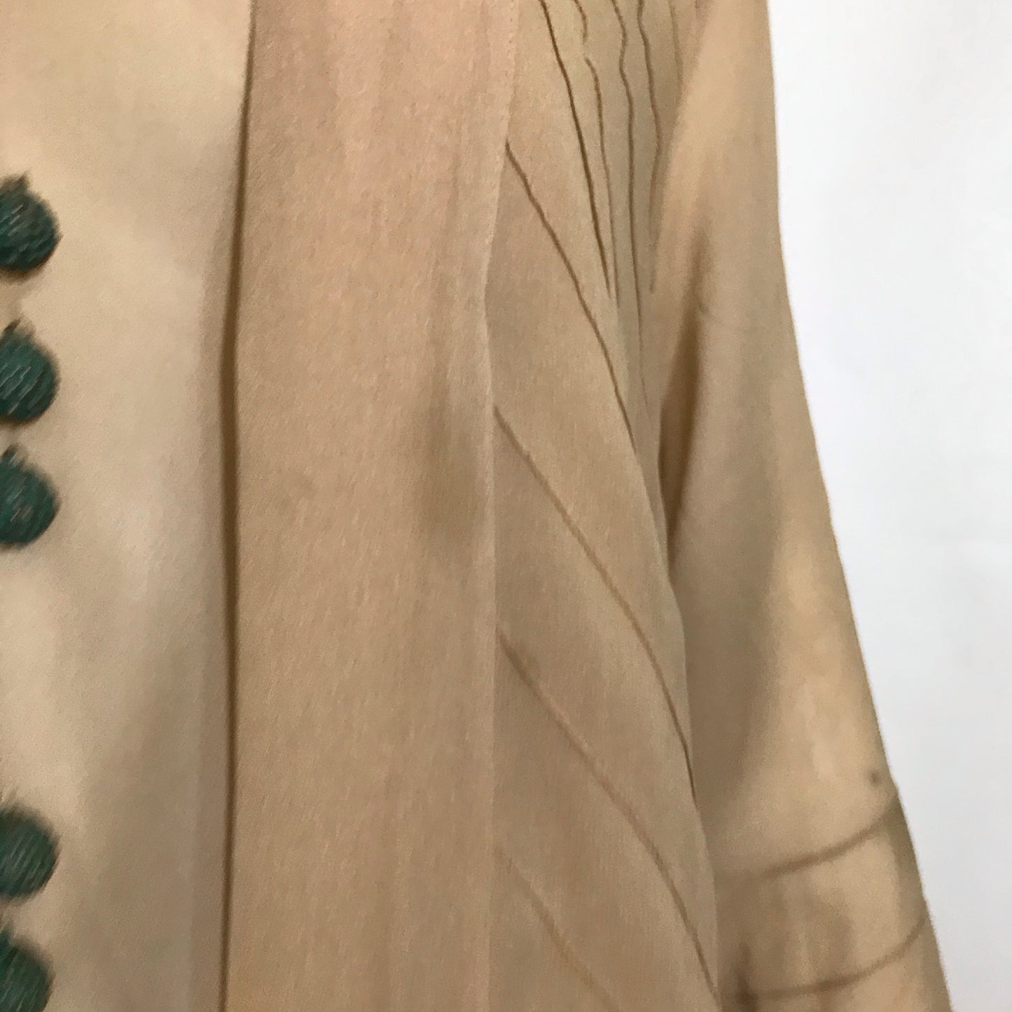Egyptian Revival Warm Ivory Silk 2 Piece Day Dress with Green Metal Buttons and Braided Silk Sash circa 1920s
