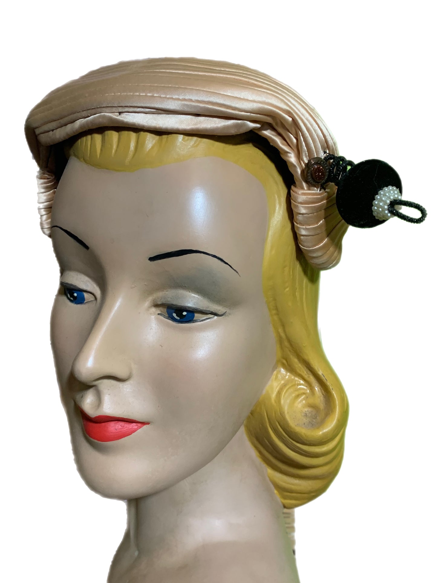 Champagne Satin Cocktail Hat with Black Velvet Fob and Rhinestones circa 1950s