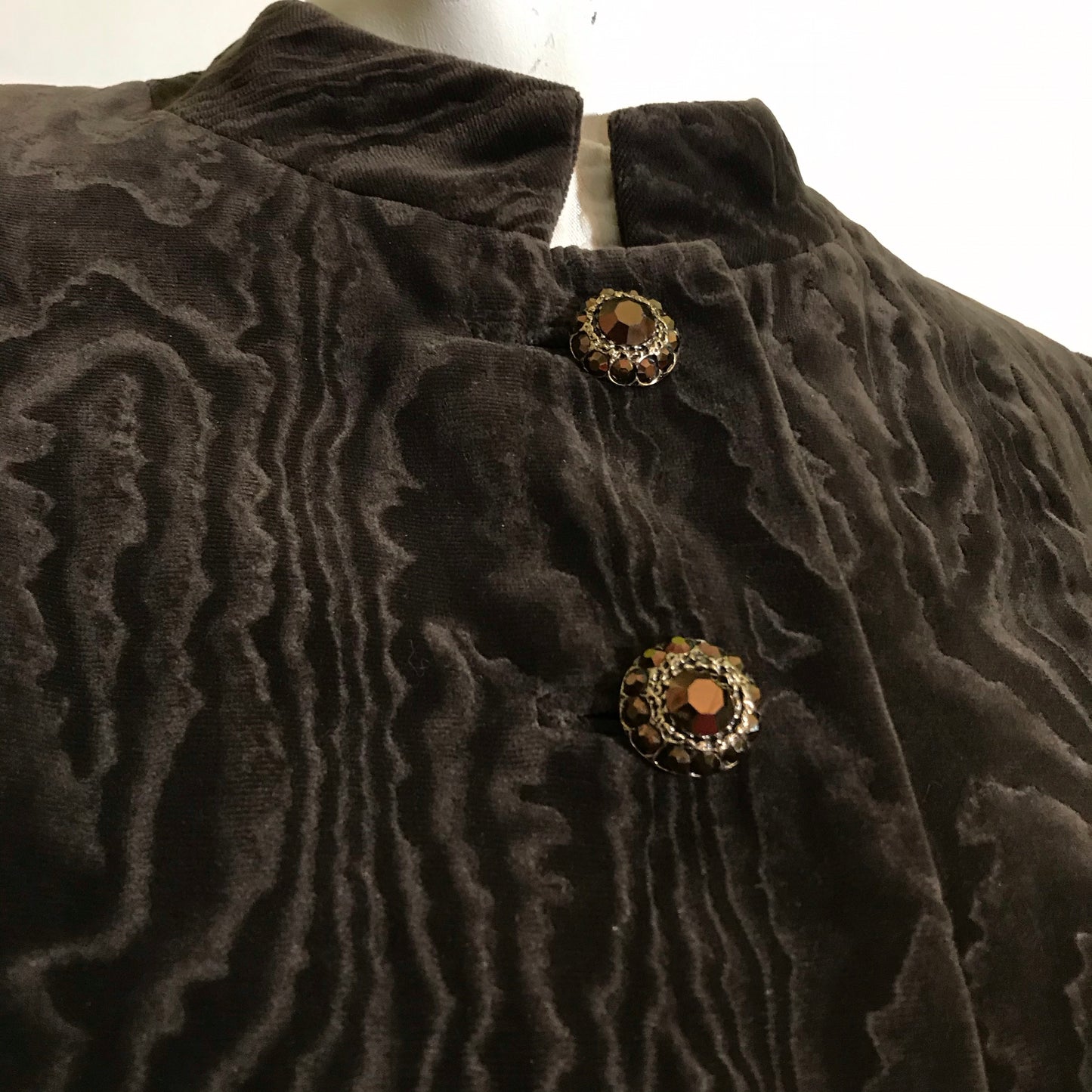 Malcolm Starr Woodgrain Brown Velvet and Sculpted Silk Bodice Dress with Matching Jacket circa 1960s