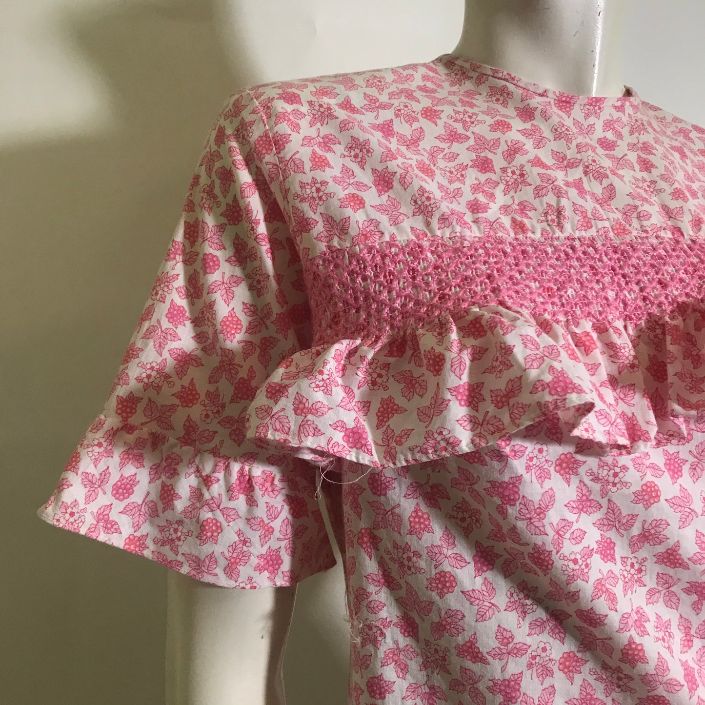 Ruffled Smocked Bodice Pink Floral Print Blouse circa 1960s