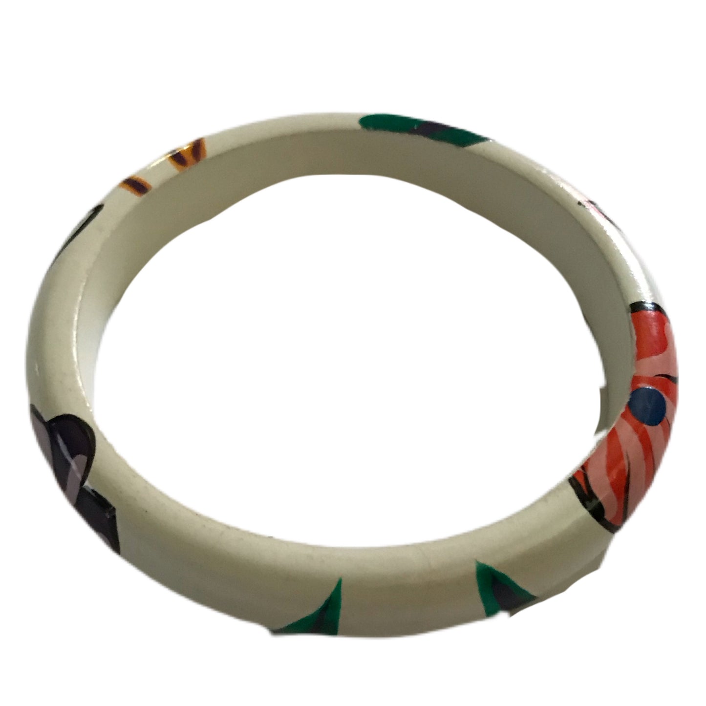 Tropical Flower Painted White Wooden Bangle Bracelet circa 1980s