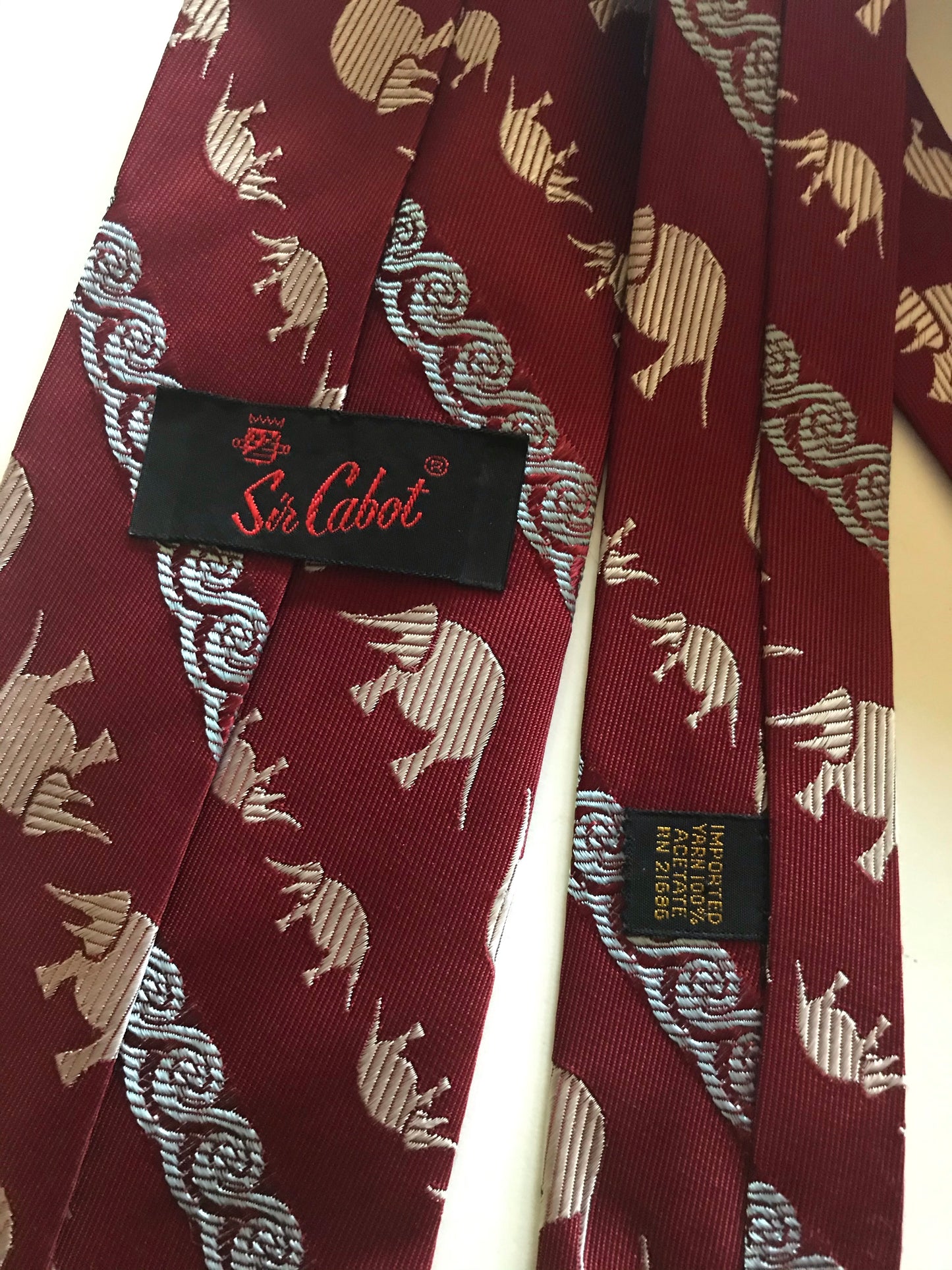 Elephants! Wide Burgundy and Blue Poly Mens Tie circa 1970s