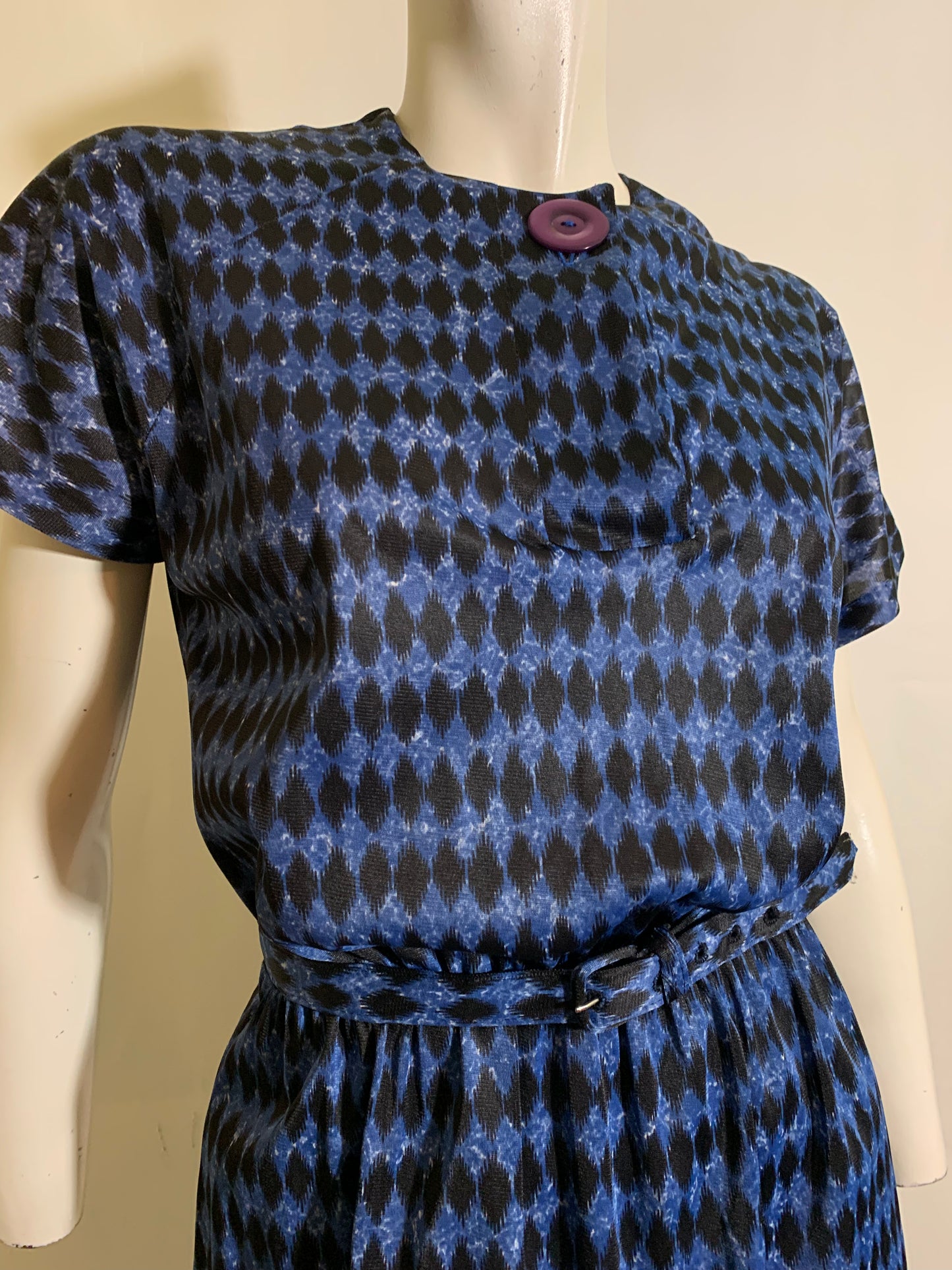 Harlequin Black and Blue Print Jersey Nylon Dress circa 1960s