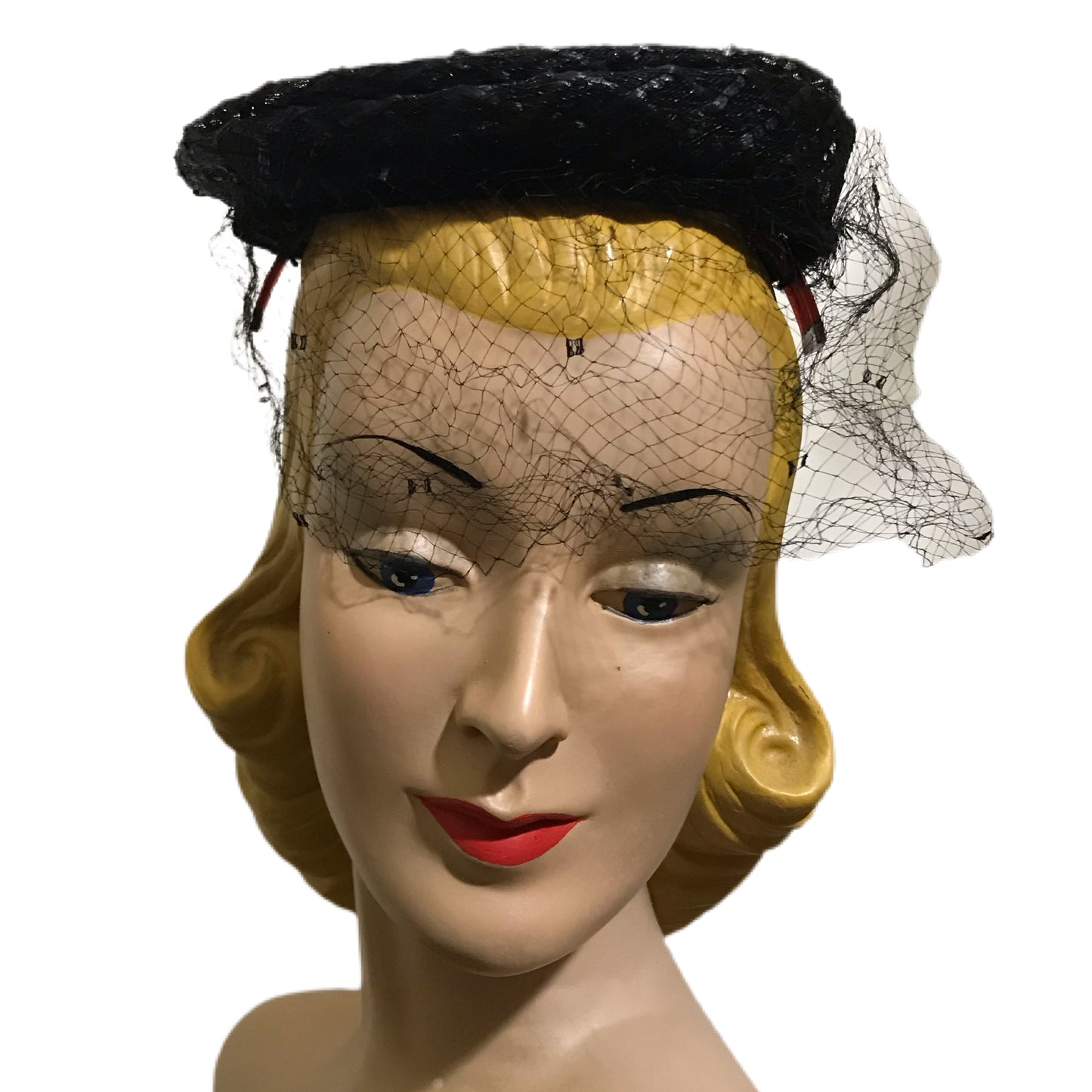 Swirled Black Horsehair Braid Veiled Hat circa 1960s