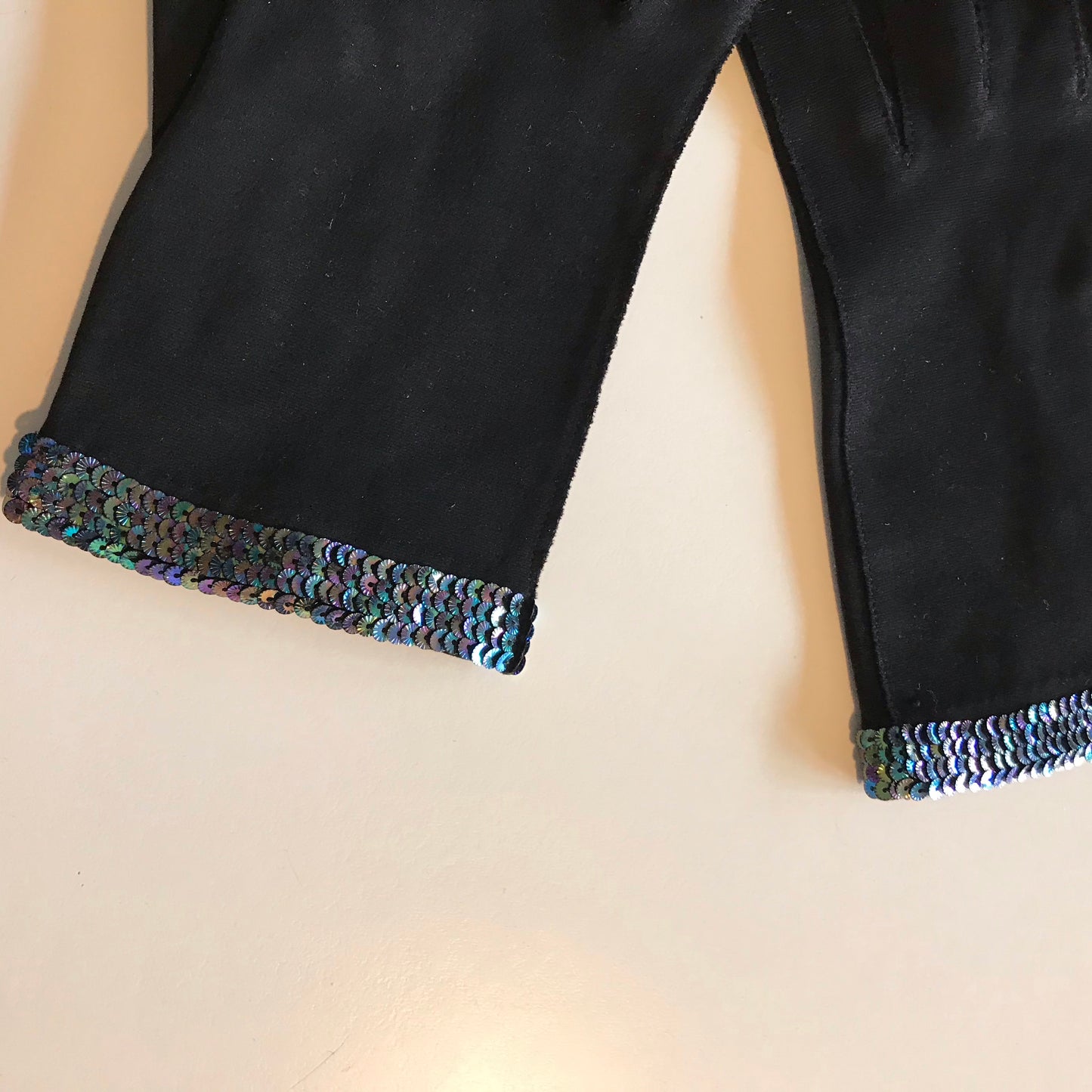Black Wrist Length Gloves with Peacock Hued Iridescent Sequins circa 1960
