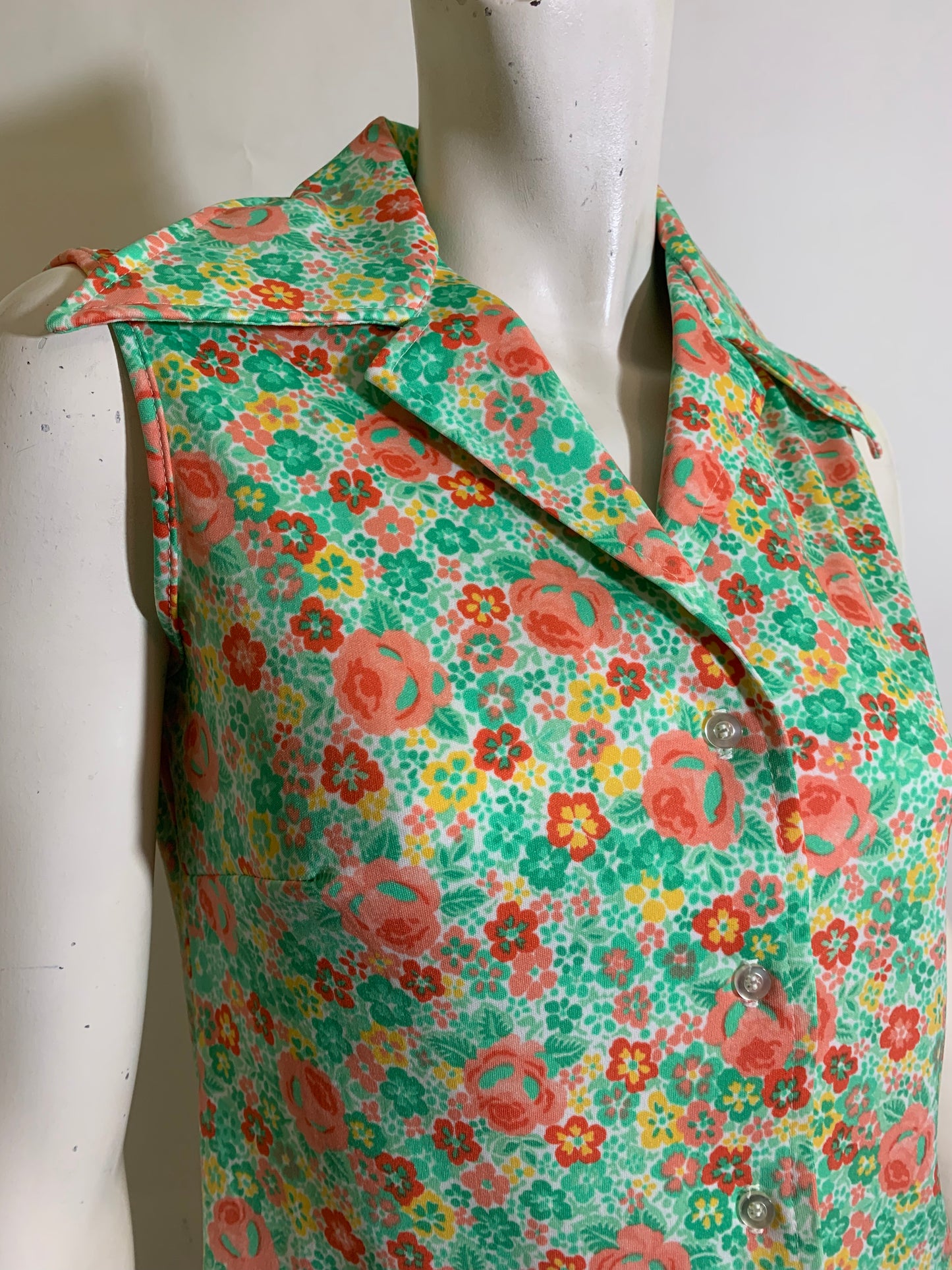 Bright Orange and Green Floral Polyester Sleeveless  Blouse circa 1970s