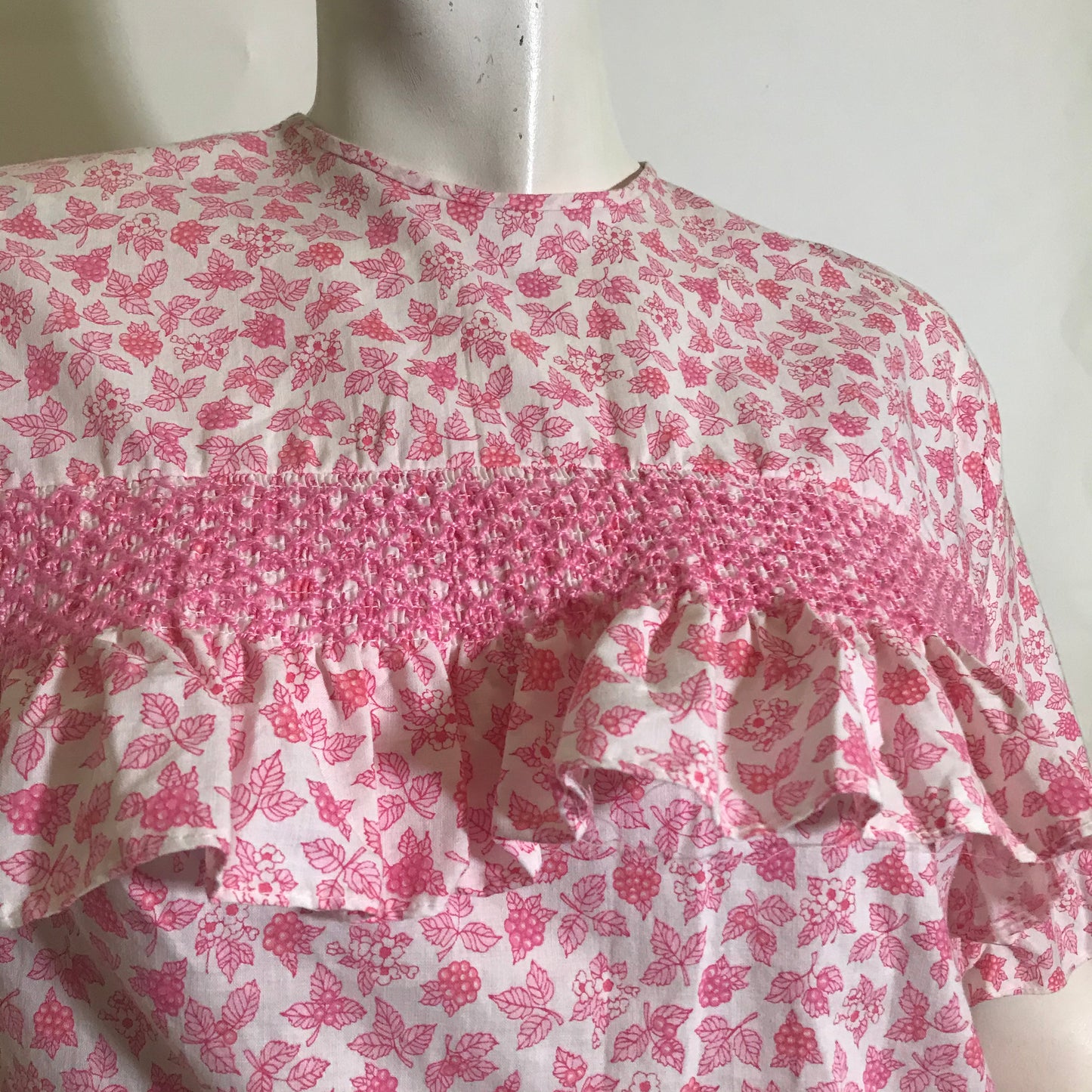Ruffled Smocked Bodice Pink Floral Print Blouse circa 1960s
