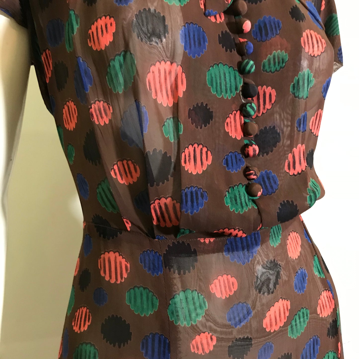 Semi-Sheer Cocoa Brown Rayon Dress and Overdress with Abstract Polka Dot Print circa 1940s