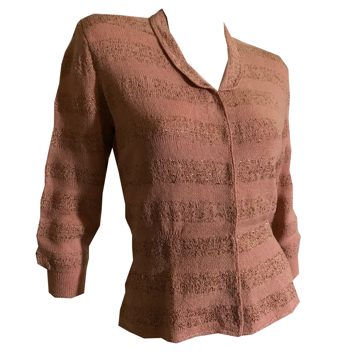 Golden Metallic Striped Pink Knit Cardigan Sweater with Nipped Waist circa 1940s