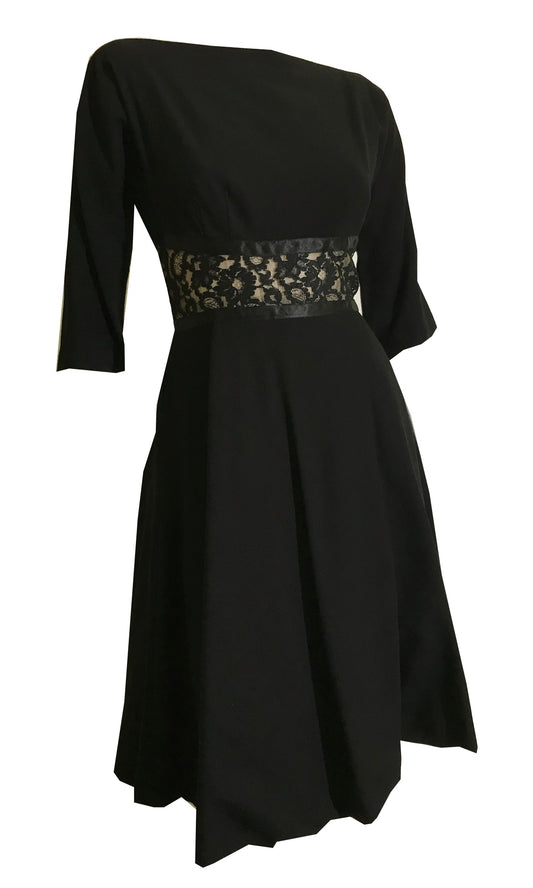 Illusion Lace Waist Black Wool Cocktail Dress circa 1960s