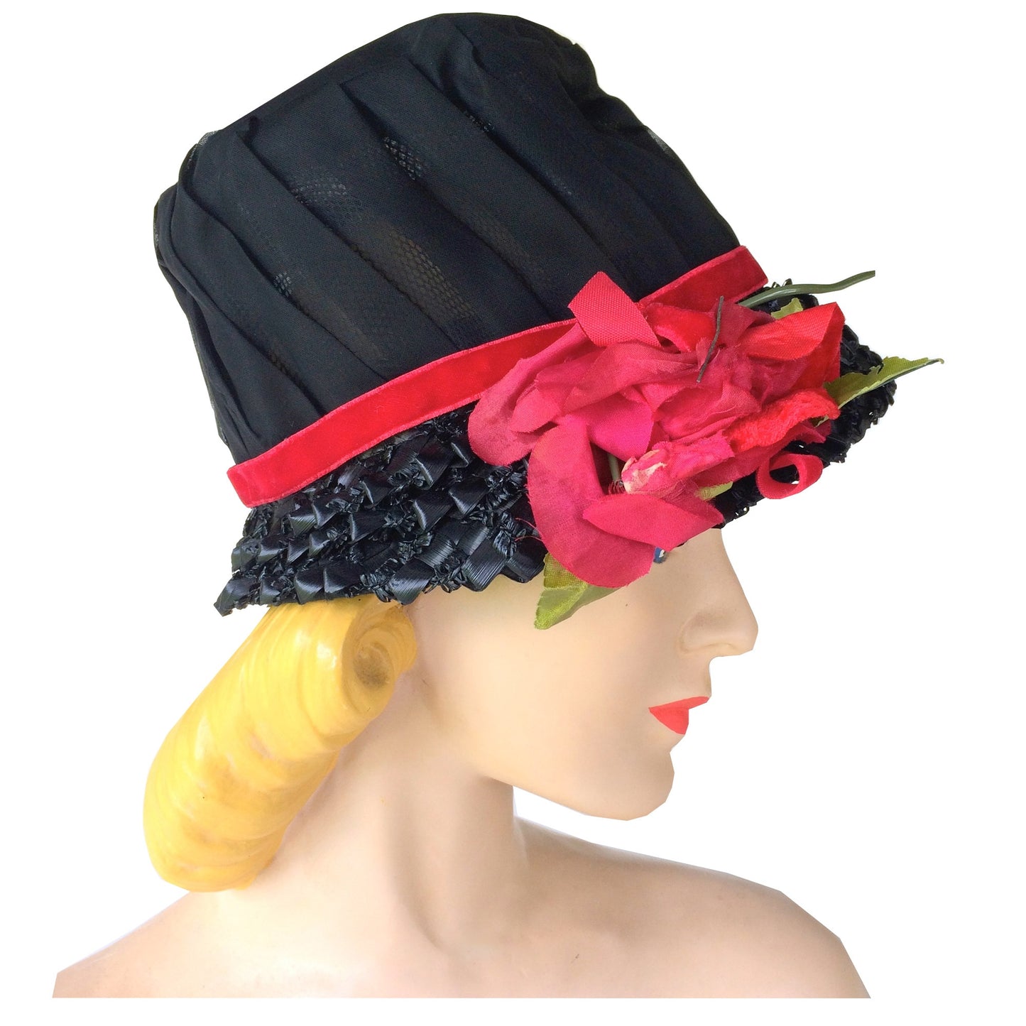 Sheer Saucy Black Sheer Chiffon Bucket Hat w/ Red Rose and Velvet circa 1960s