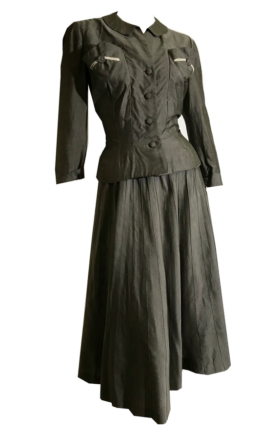 Pewter Grey Silk Nipped Waist 2 pc New Look Suit circa 1940s