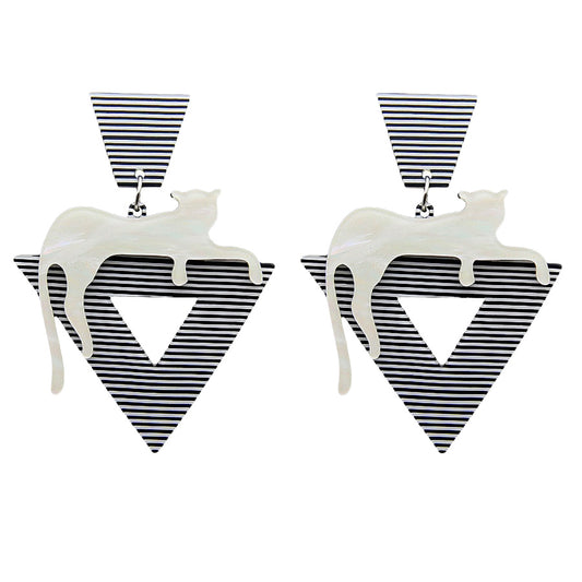 OTT 80s Style Striped Triangle Dangle Earrings with Cats