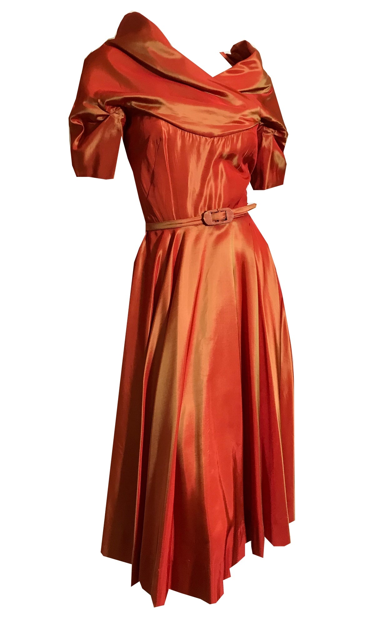 RESERVED Iridescent Tangerine Silk Taffeta Full Skirt Cocktail Dress circa 1940s