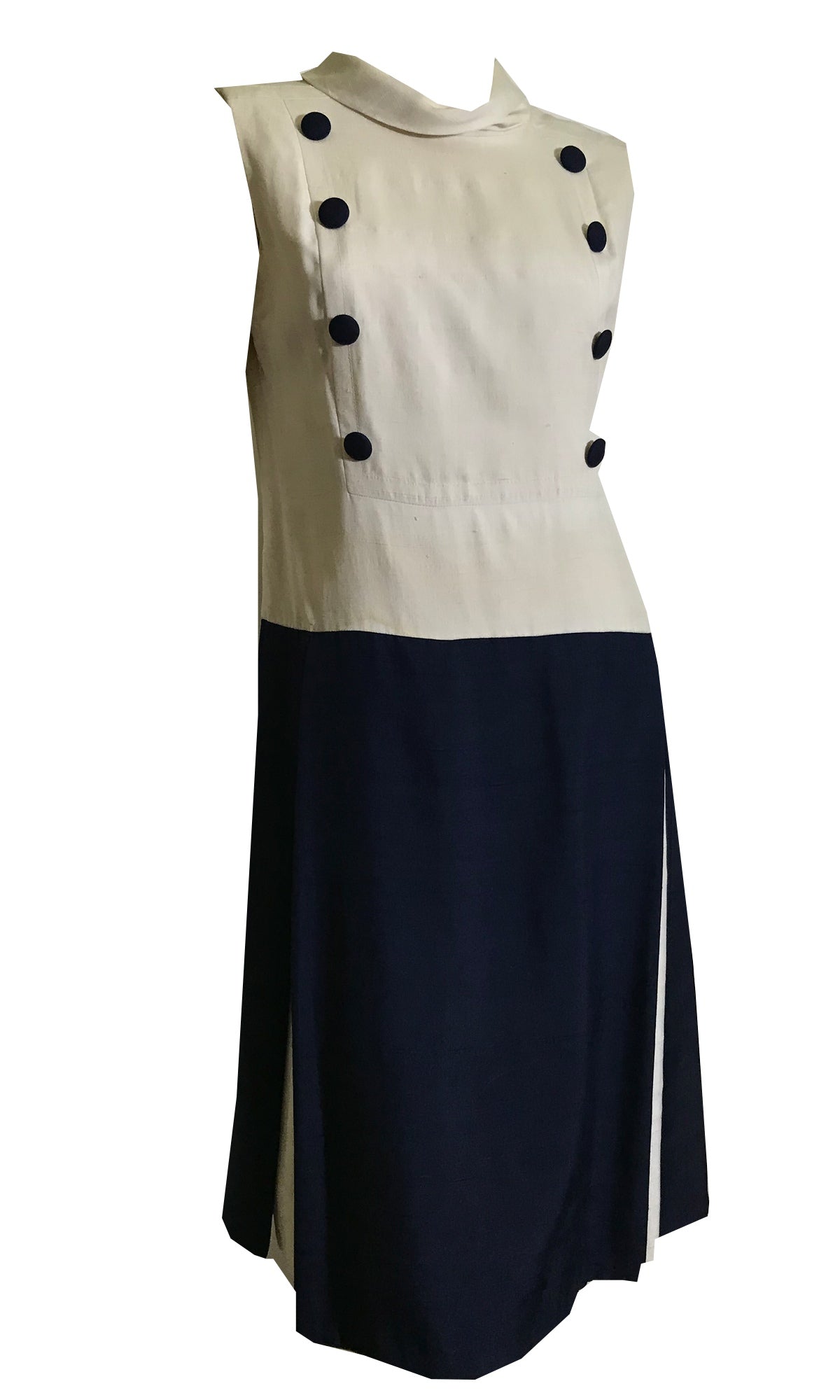 Military Inspired Navy and Soft White Slubbed Silk Dropped Waist Dress circa 1960s