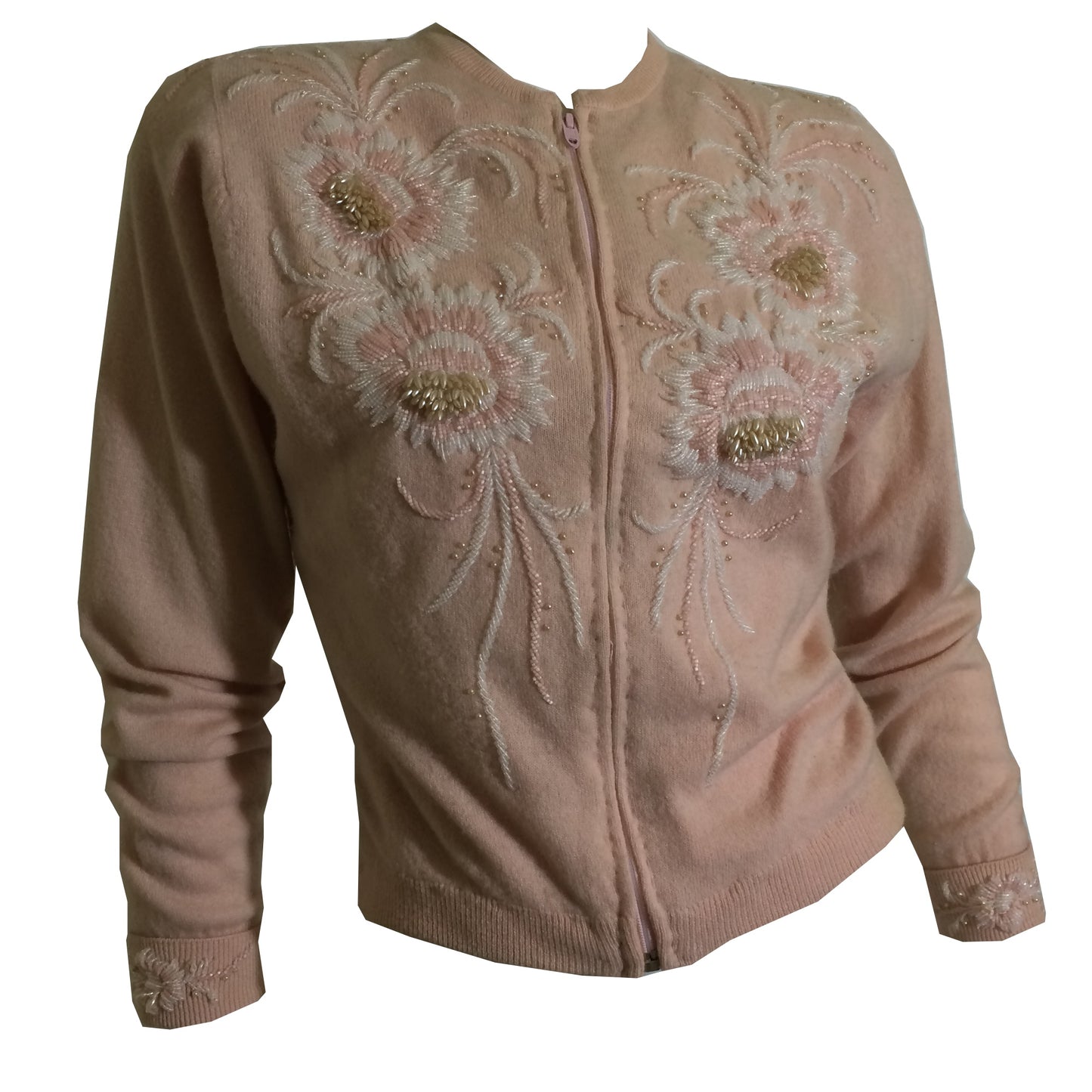 Blush Pink 3-D Pearl Beaded Zip Front Cashmere Sweater circa 1950s