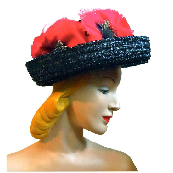 Black and White Sisal Hat with Big Red Poppies circa 1960s Dorothea's Closet Vintage Hats