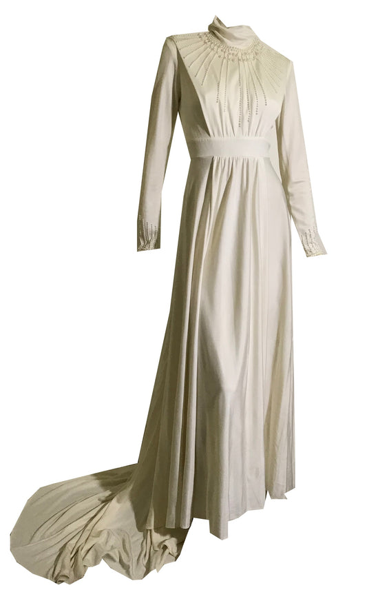 Faux Pearl Trimmed Jersey Nylon Wedding Gown circa 1960s