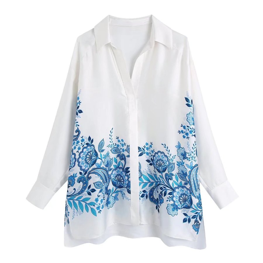Long Sleeve Antique Blouse Blue Embroidery