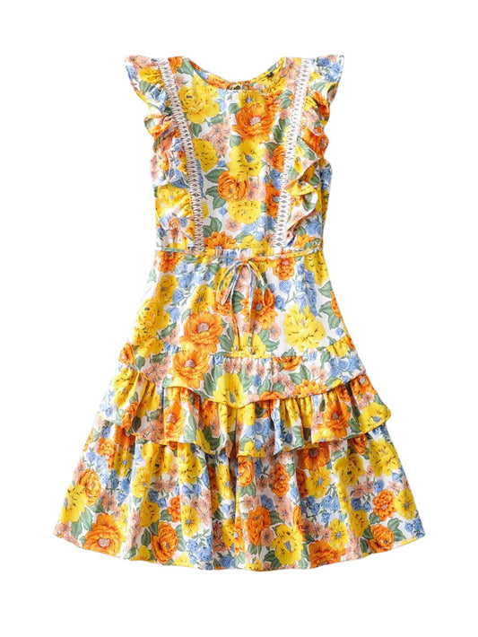 Brilliant Orange and Yellow Floral Print Pinafore Style Dress