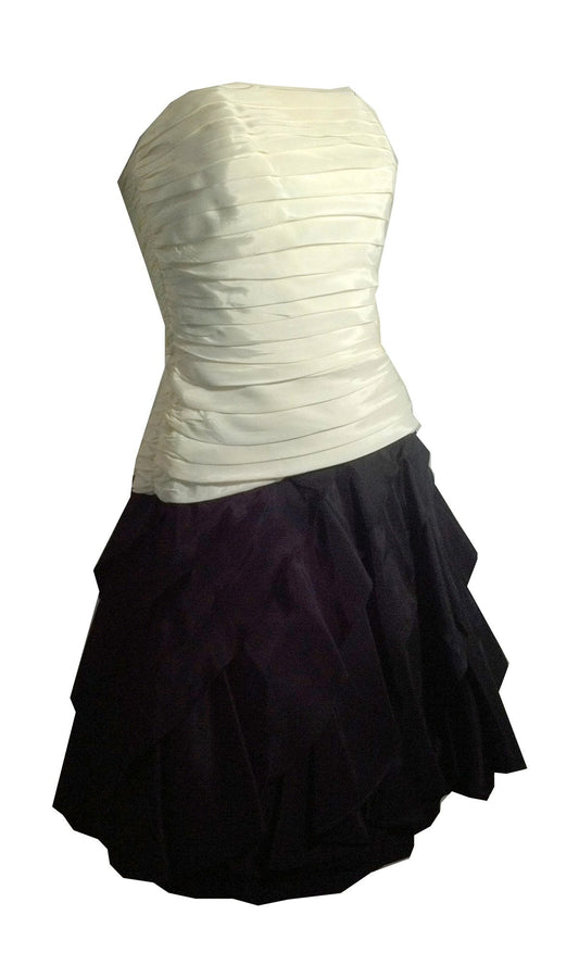 Strapless Black and White Ruched Bodice Petal Skirt Cocktail Dress circa 1980s Tadashi