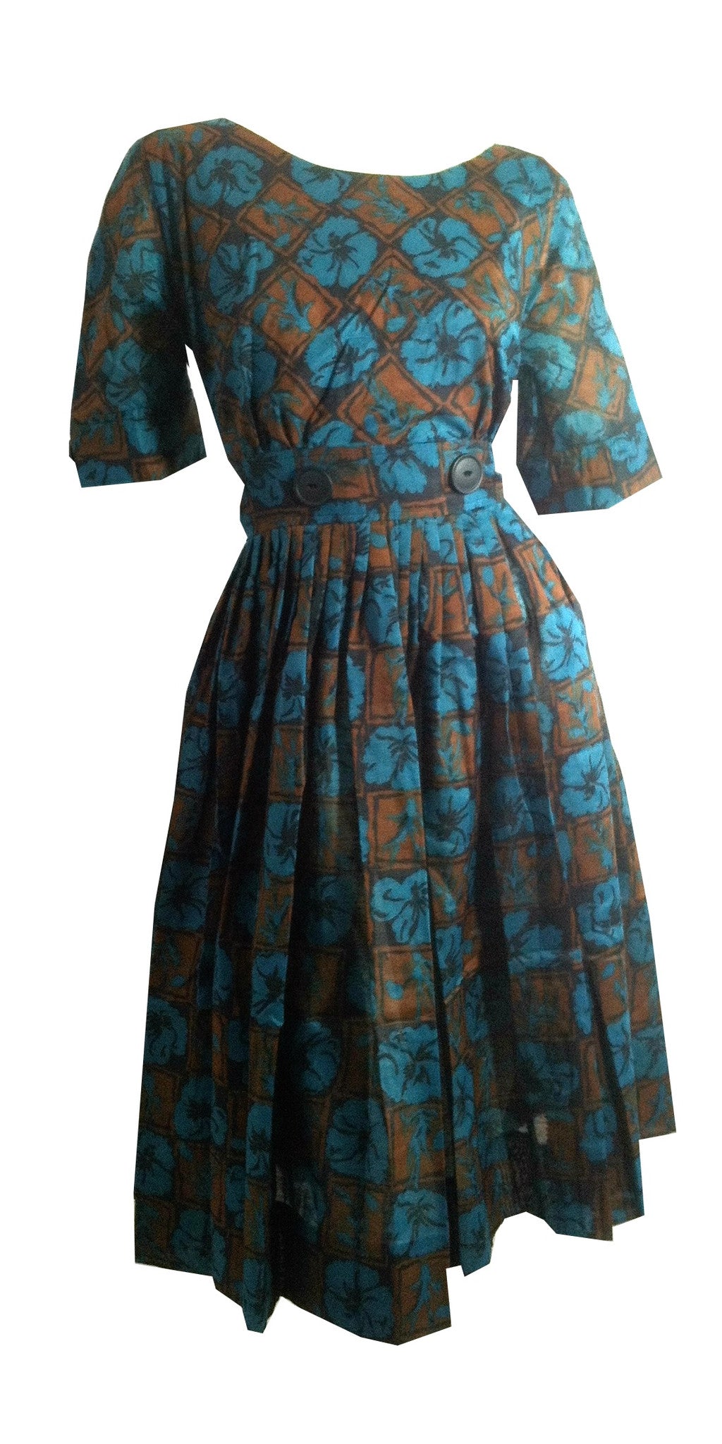 Turquoise and Cocoa Floral Print 1960s Dress w/ Button detail