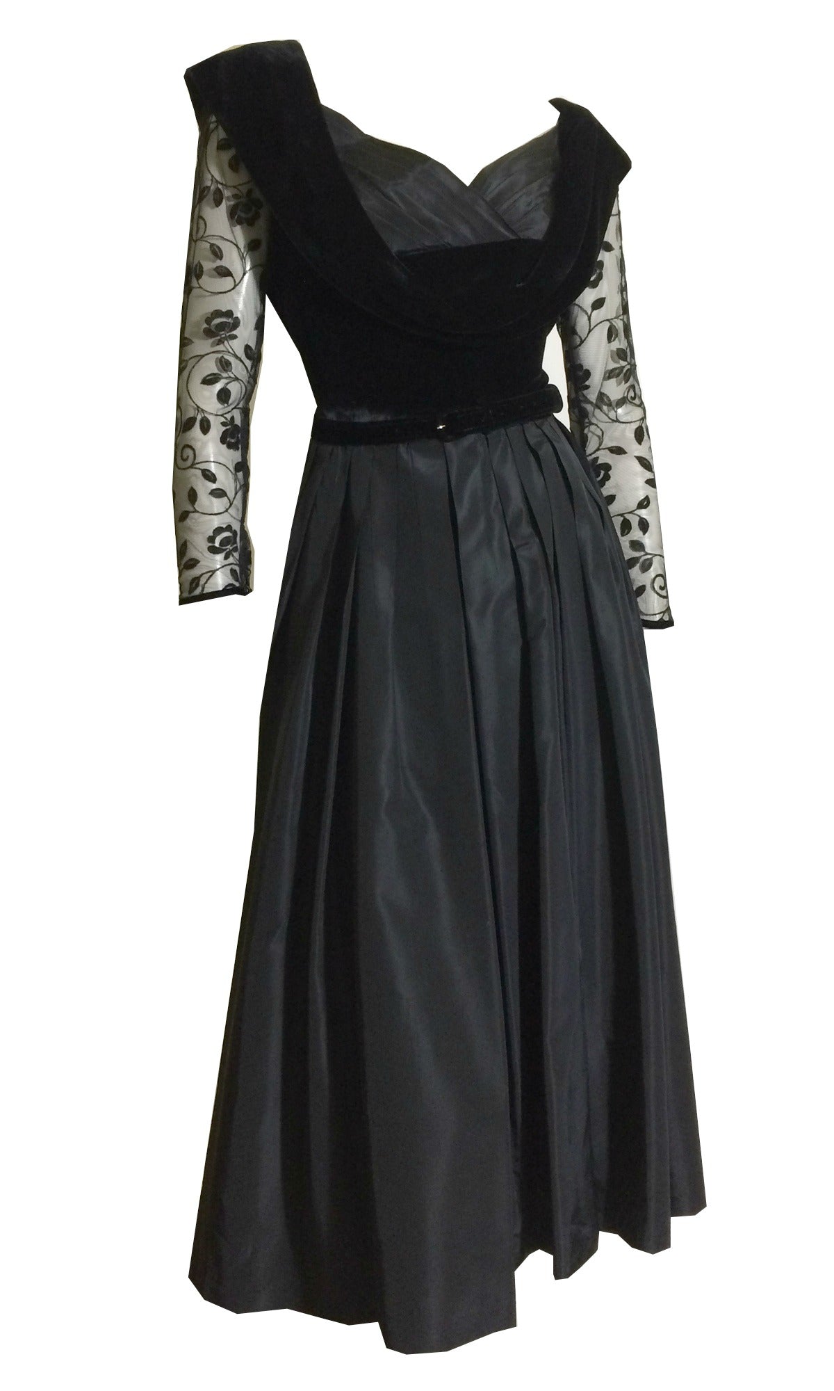 Nipped Waist Black Taffeta and Velvet Full Skirt Cocktail Dress circa 1950s