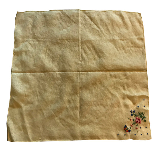Yellow Floral Weave Handkerchief with Pastel Flower & Butterfly Embroidery circa 1950s